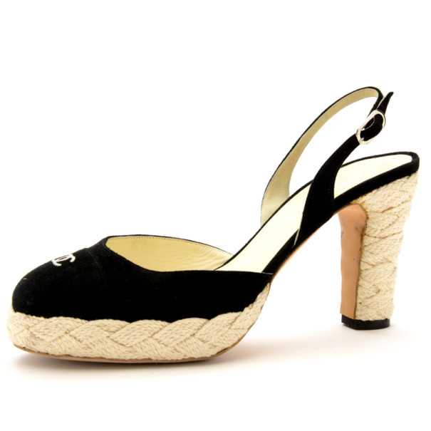 Pre Owned Chanel Black Suede CC Slingback Sandals Size 38.5