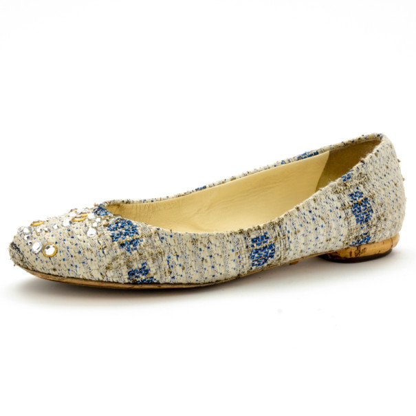 Pre Owned Chanel Tweed Lurex Swarovski Crystal Studded Ballet Flats Size 37