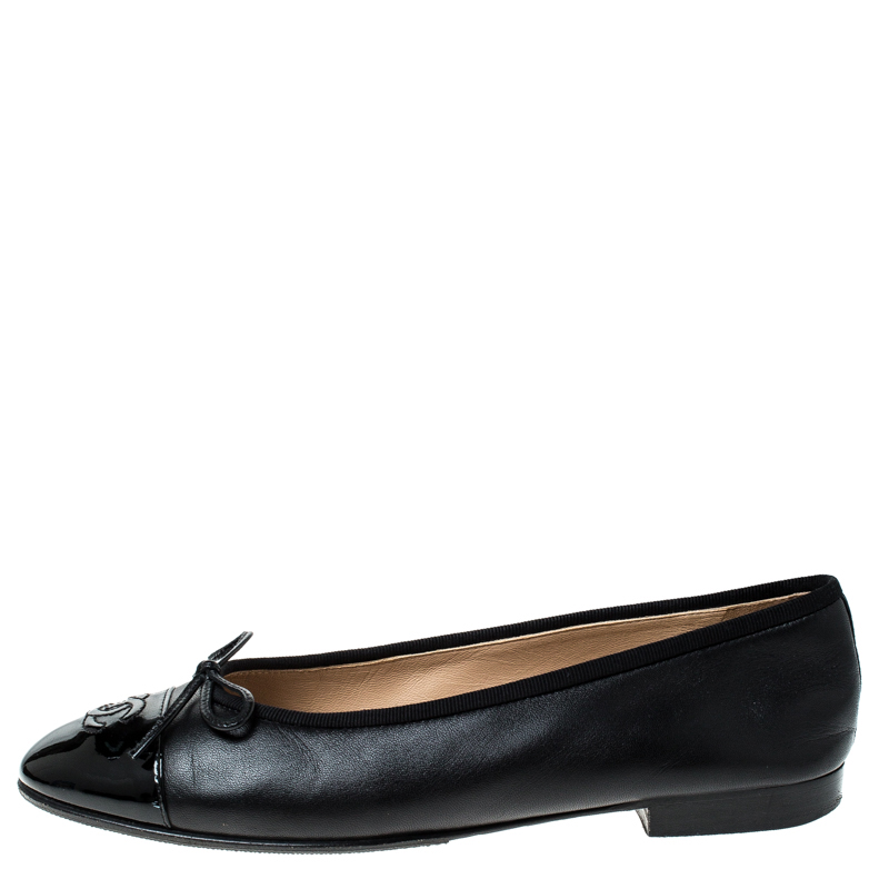 

Chanel Black Leather CC Cap Toe Bow Ballet Flats Size