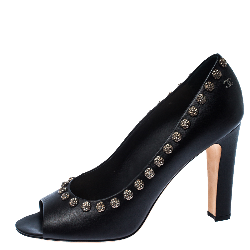 

Chanel Black Leather CC Camelia Embellished Peep Toe Pumps Size
