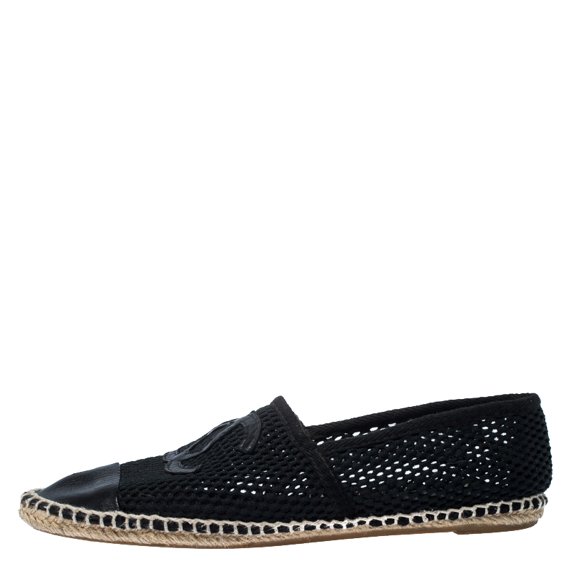 

Chanel Black Leather and Mesh CC Espadrilles Flats Size