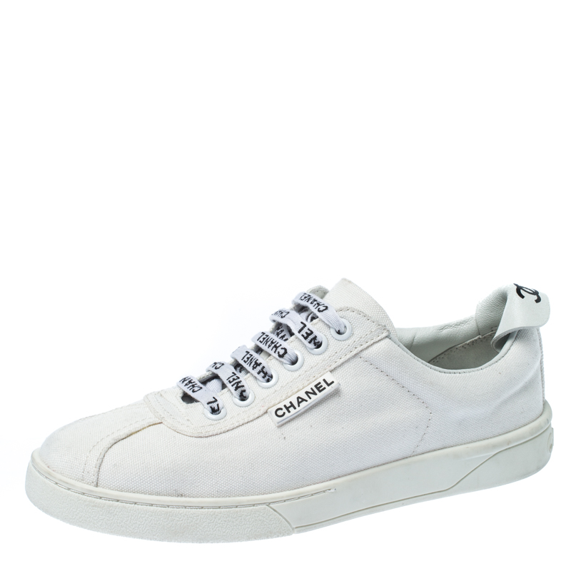 Chanel White Canvas Weekender Lace Up Sneakers Size 38 Chanel The