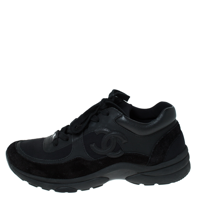 

Chanel Black Suede Leather And Fabric CC Lace Up Sneakers Size