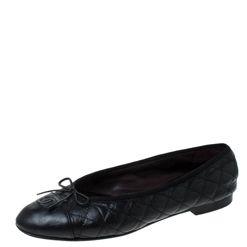 Pre Owned Chanel Black Quilted Leather CC Bow Cap Toe Ballet Flats Size 42