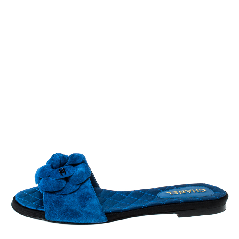 

Chanel Blue Suede Camellia Slip On Slides Size