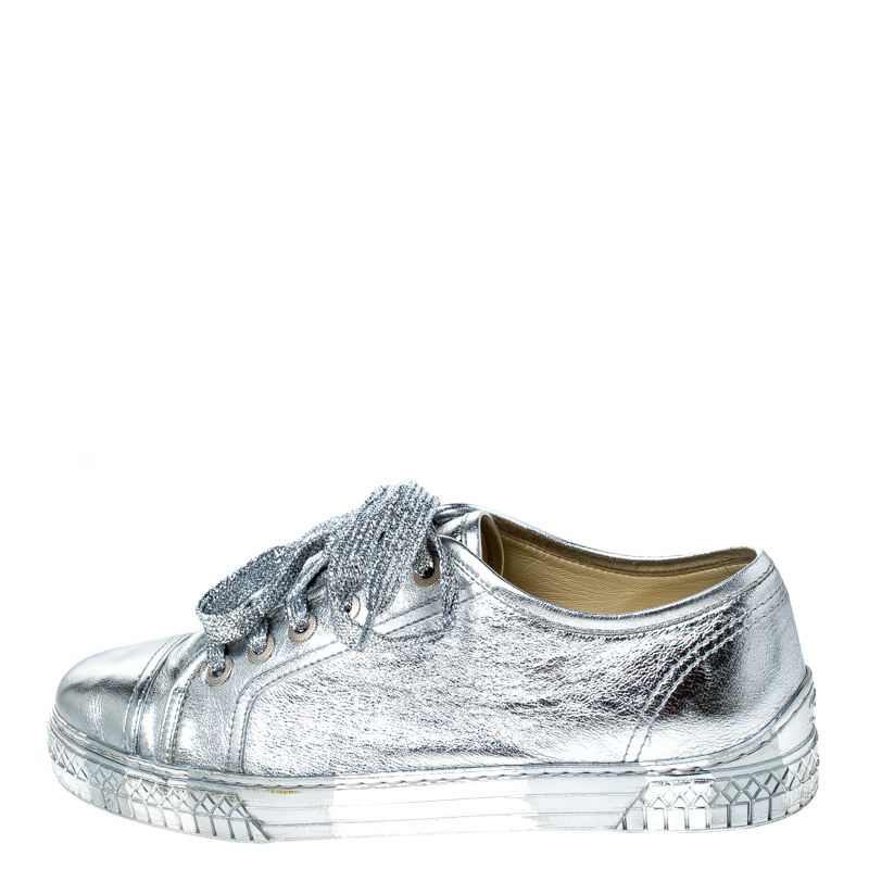 

Chanel Metallic Silver Leather Lace Up Sneakers Size