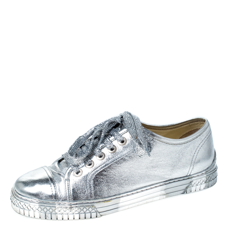 Chanel Metallic Silver Leather Lace Up Sneakers Size 40 Chanel | TLC