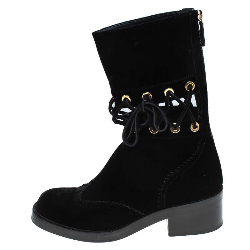 

Chanel Black Velvet Mid Calf Boots Size