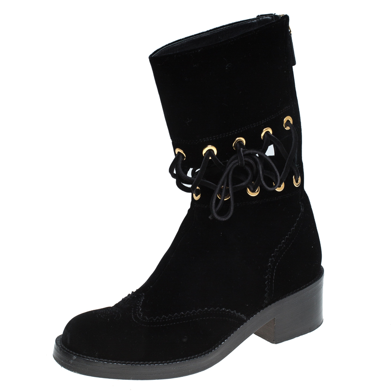 Pre Owned Chanel Black Velvet Mid Calf Boots Size 36.5