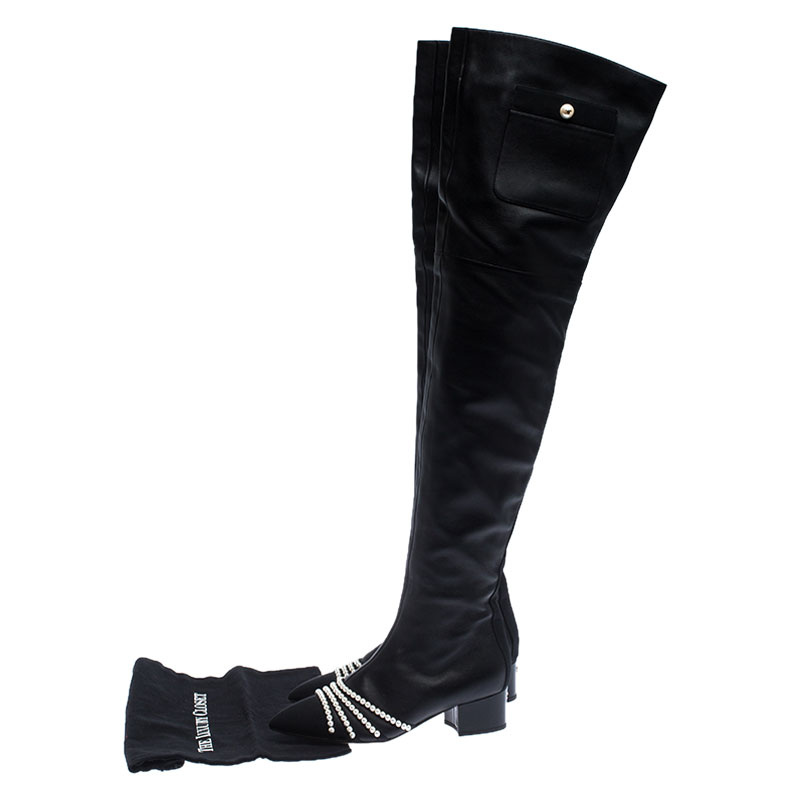 Chanel Black Leather Pearl Thigh High Boots Size 37.5