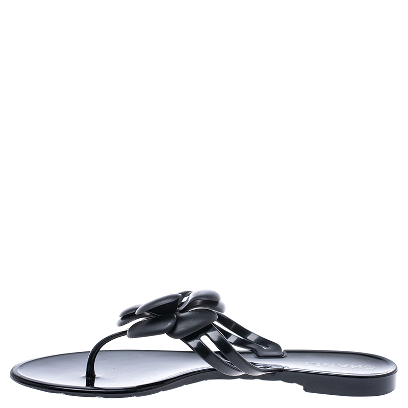 

Chanel Black PVC Camellia Thong Slides Flats Size
