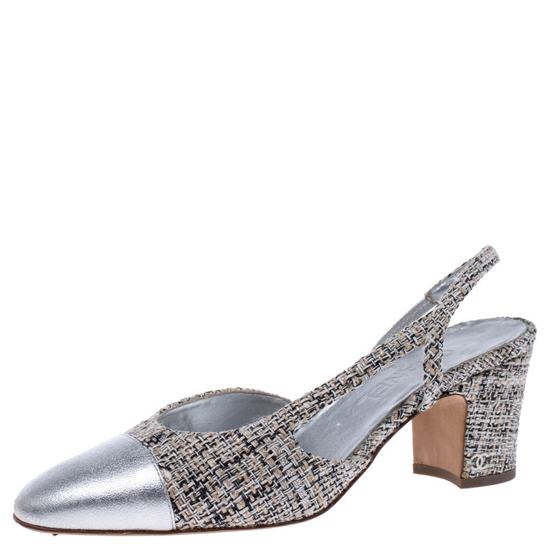 Chanel Multicolor Tweed Fabric And Leather Cap Toe Slingback Pumps Size ...