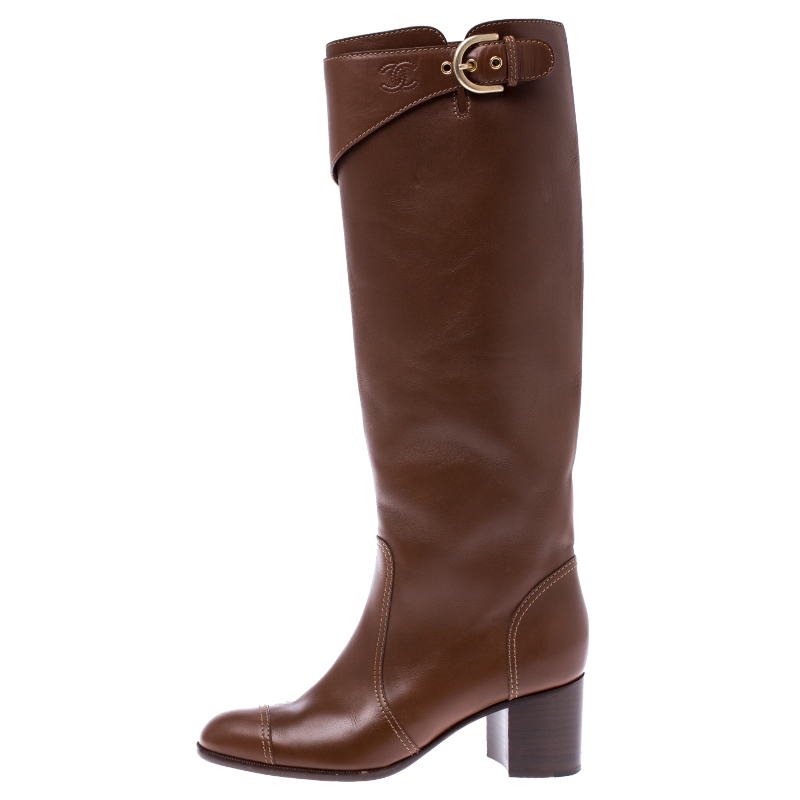 

Chanel Brown Leather Cap Toe Block Heel High Boots Size