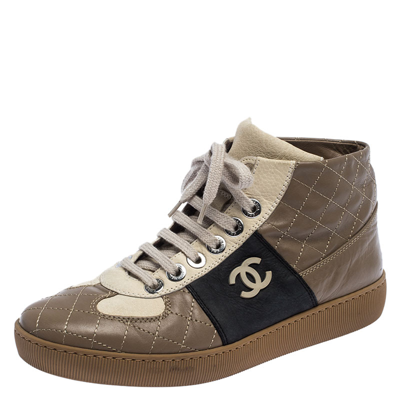 Chanel Tricolor Quilted Leather CC High Top Sneakers Size 37