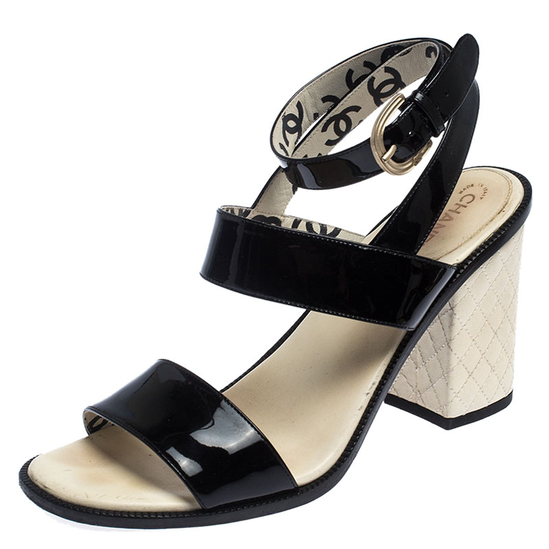 Chanel Black Patent Leather Quilted CC Ankle Strap Sandals Size 39