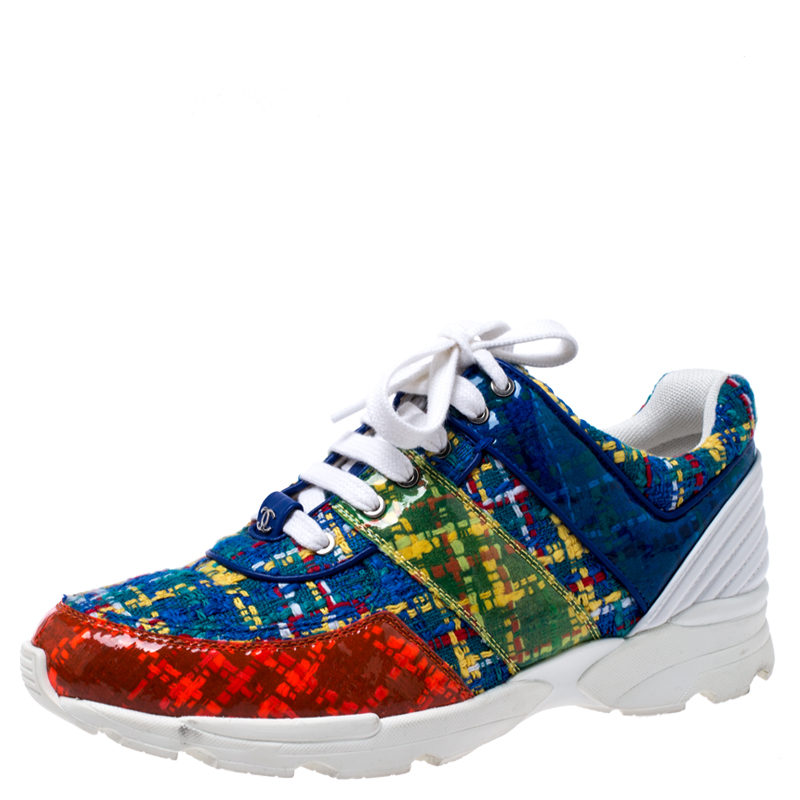 مملوكة مسبقًا حذاء راضي شانيل رباط علوي قماش تويد و بلاستيك مشمع متعدد الألوان مقاس 40