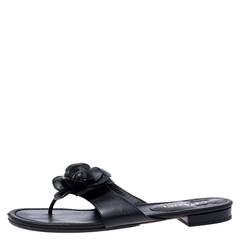 

Chanel Black Leather Camellia Thong Slides Flats Size