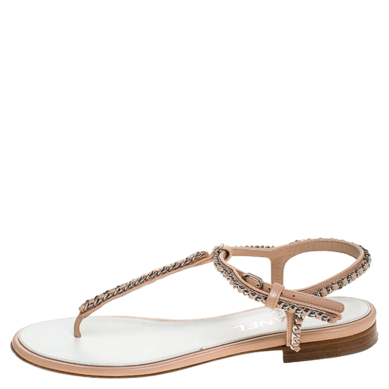 

Chanel Beige Leather Chain Thong CC Logo Strap Sandals Size