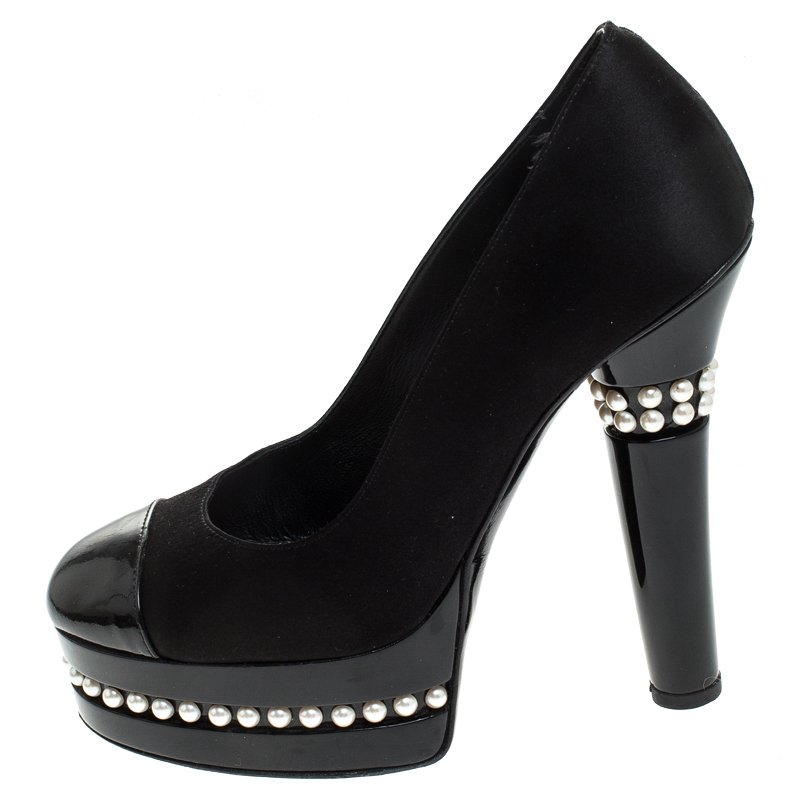 

Chanel Black Satin and Patent Leather Cap Toe Pearl Platform Pumps Size