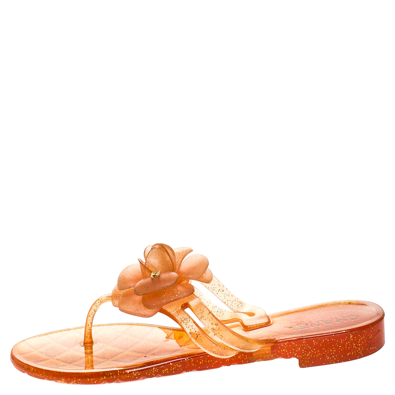 

Chanel Orange Glitter Jelly Camellia Thong Flat Sandals Size