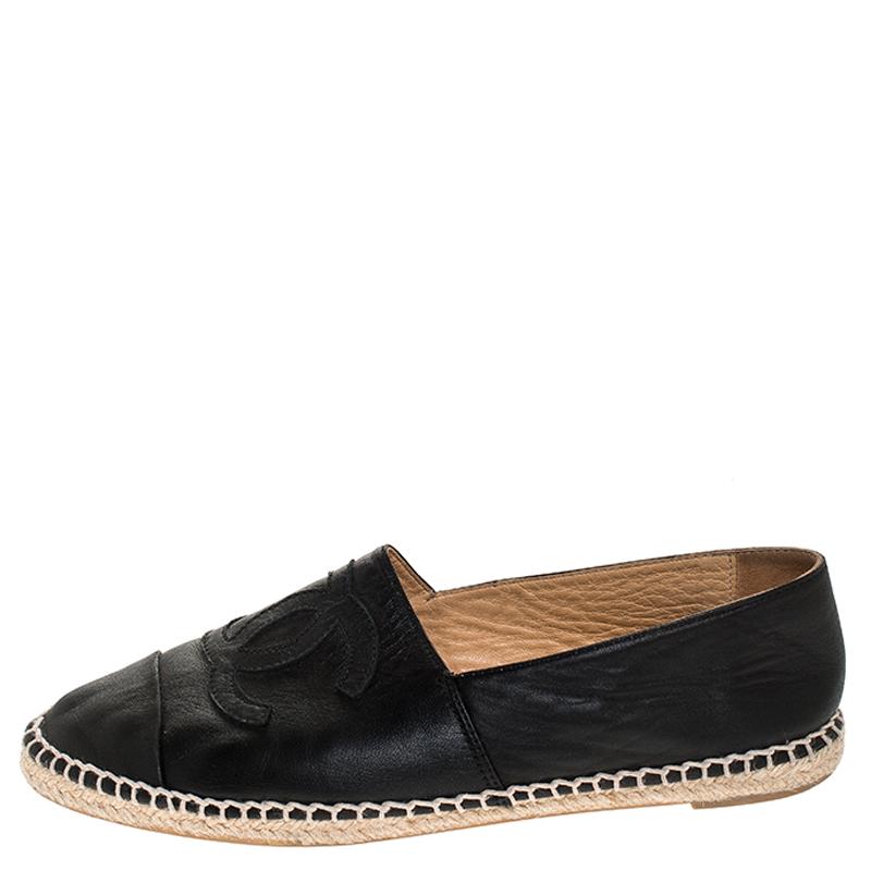 

Chanel Black Leather CC Espadrille Slip On Loafers Size