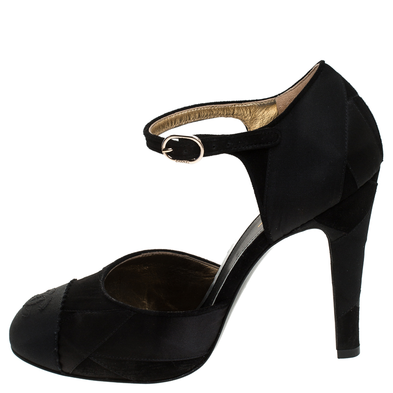 

Chanel Black Satin And Suede Leather CC Cap Toe Ankle Strap Sandals Size