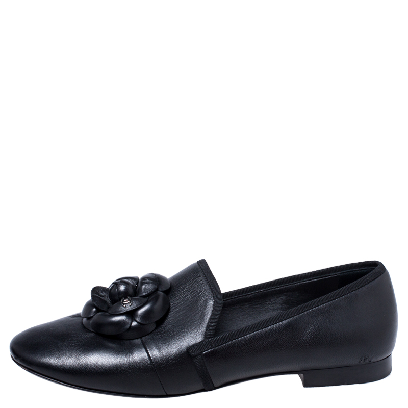 

Chanel Black Leather Camellia Flower Loafer Flats Size