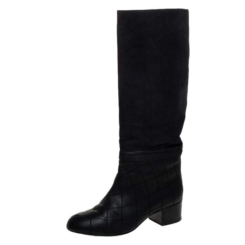 Chanel Black Quilted Leather CC Knee Length Boots Size 38