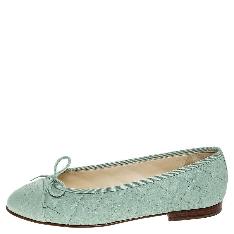 

Chanel Mint Green Quilted Leather CC Bow Cap Toe Ballet Flats Size