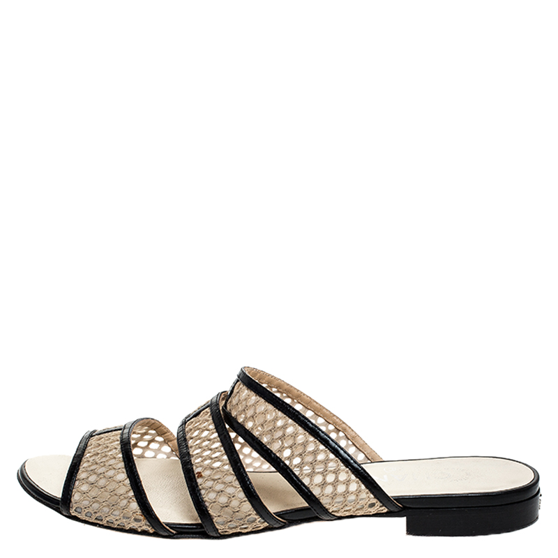 

Chanel Beige Mesh And Black Leather Trim Slide Flats Size