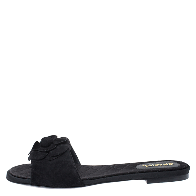 

Chanel Black Camellia Suede Slide Flats Size
