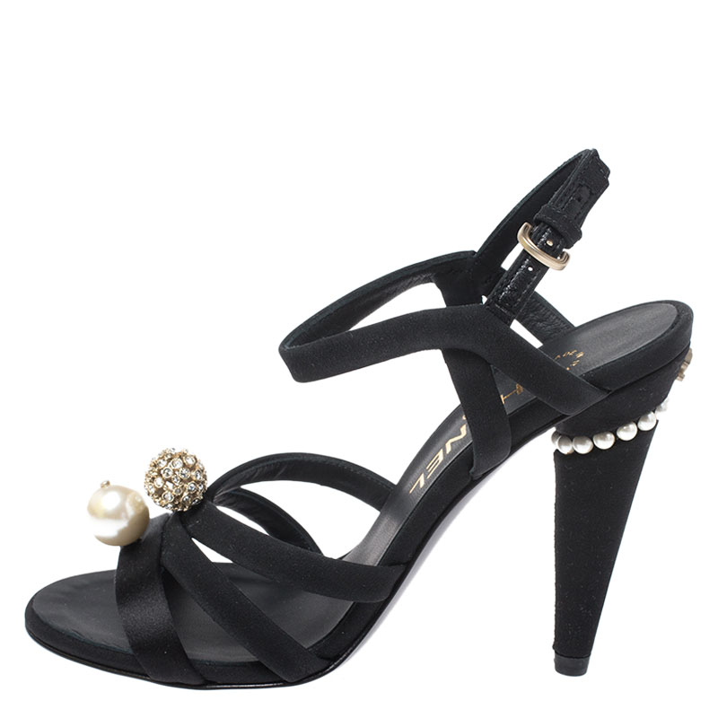 

Chanel Black Crystal Embellished Satin Strappy Pearl Heel Sandals Size