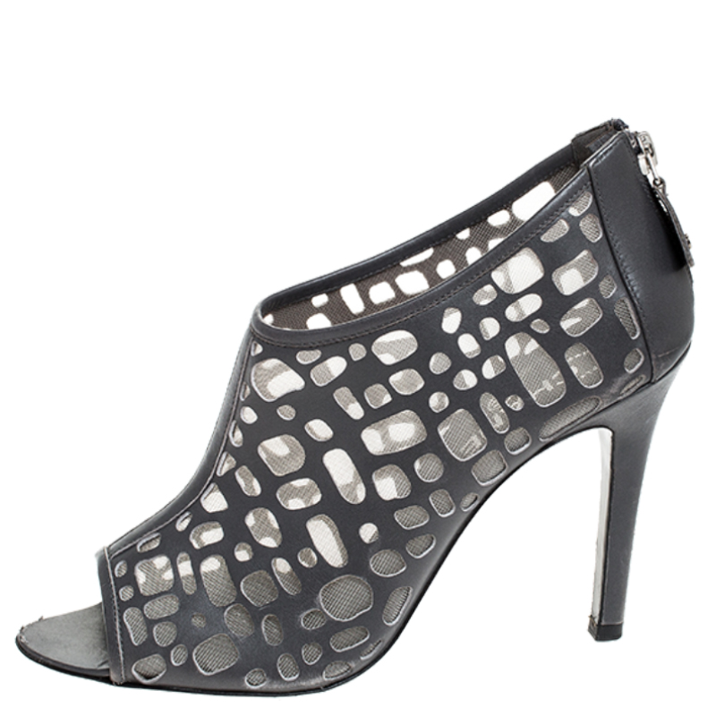 

Chanel Grey Cut Out Leather And Mesh Open Toe Booties Size