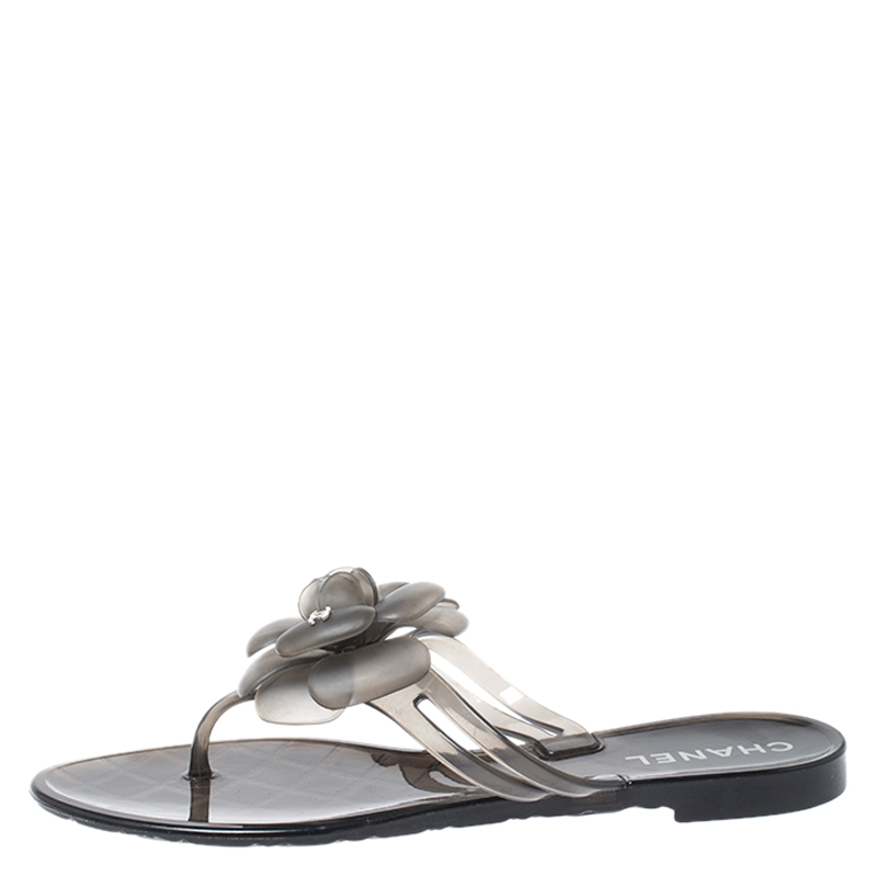 

Chanel Dark Grey PVC Camellia Thong Slide Flats Size