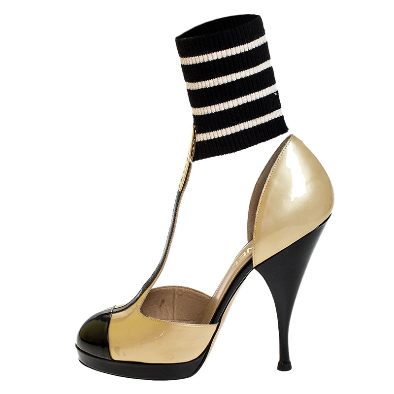 

Chanel Light Yellow/Black Patent Leather Ankle Sock T Strap Platform Pumps Size