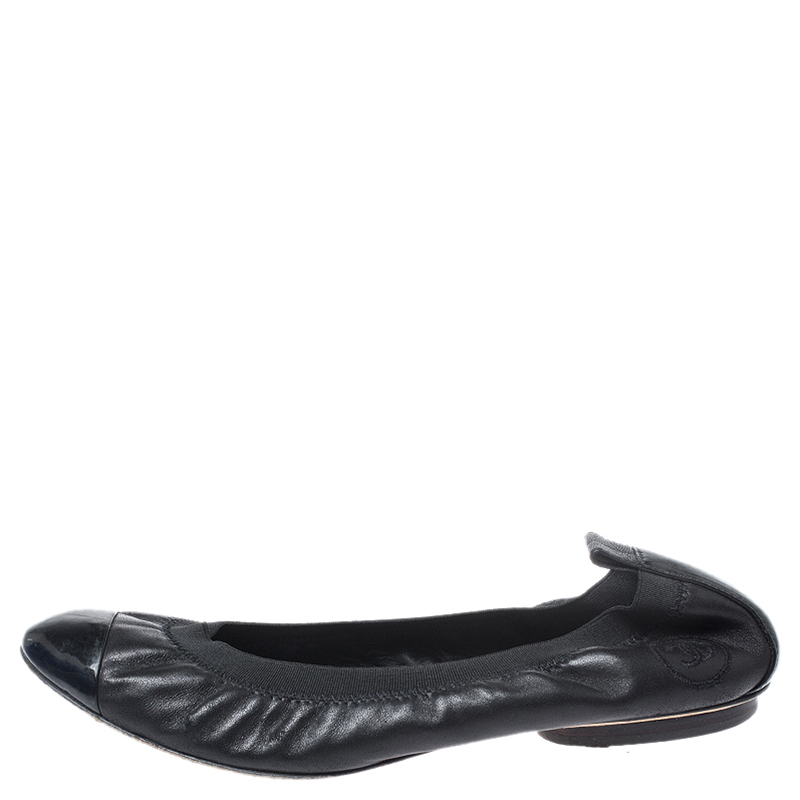 

Chanel Black Leather Elastic Cap Toe Ballet Flats Size