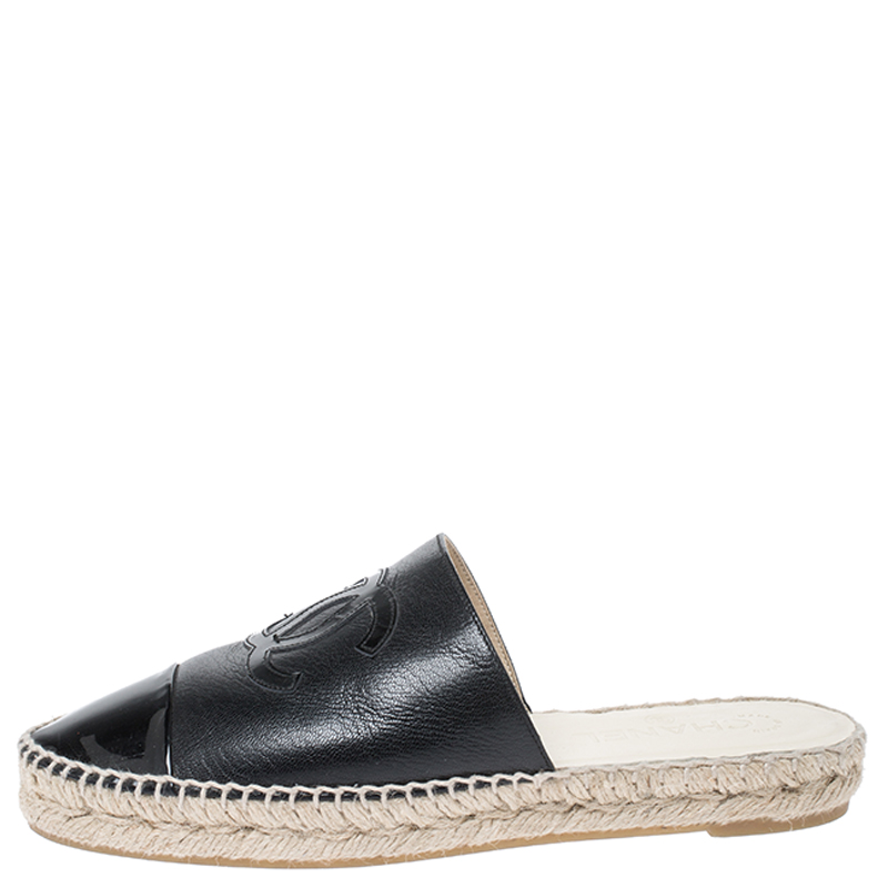 

Chanel Black Leather CC Cap Toe Espadrille Mules Size