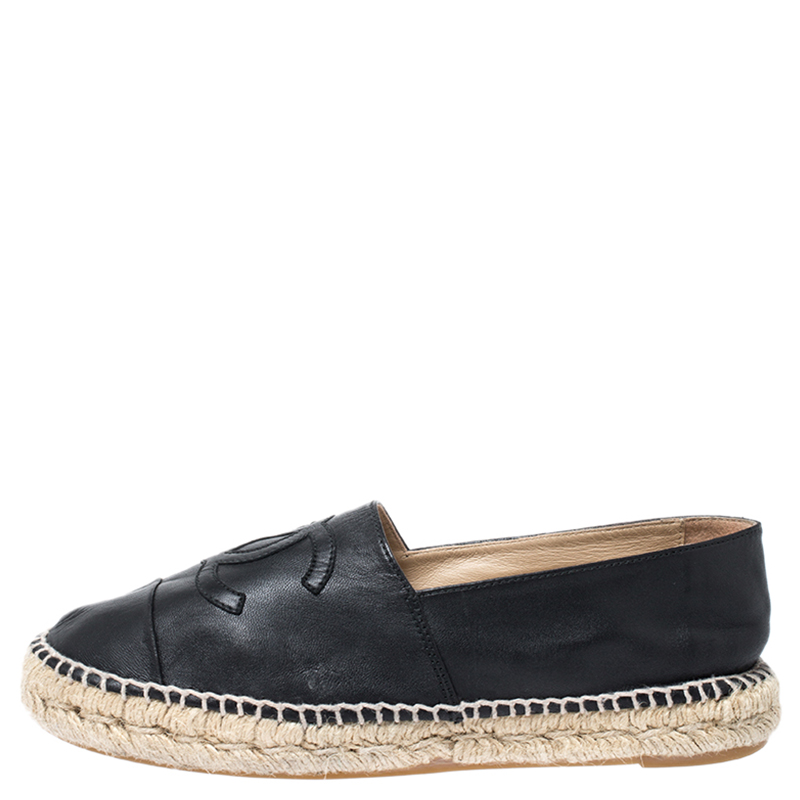 

Chanel Black Leather CC Cap Toe Espadrilles Size