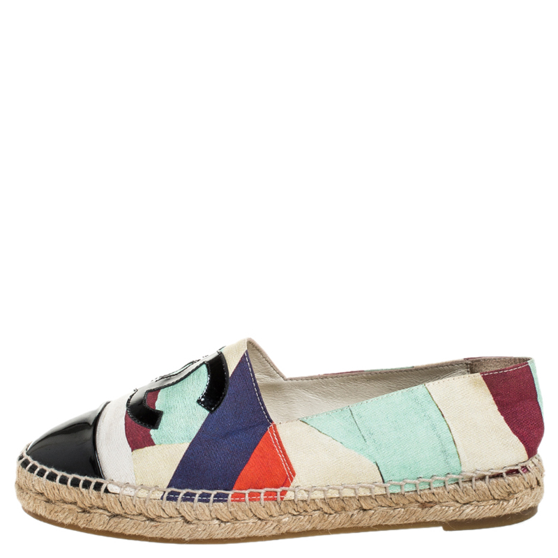 

Chanel Multicolor Printed Canvas And Patent Leather CC Cap Toe Espadrilles Size