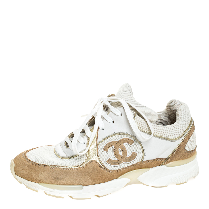 Chanel White/Beige Leather, Suede and Canvas CC Logo Lace Up Sneakers