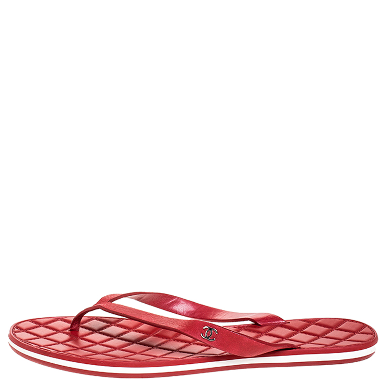 

Chanel Red Leather Strap CC Quilted Flip Flop Thong Sandals Size