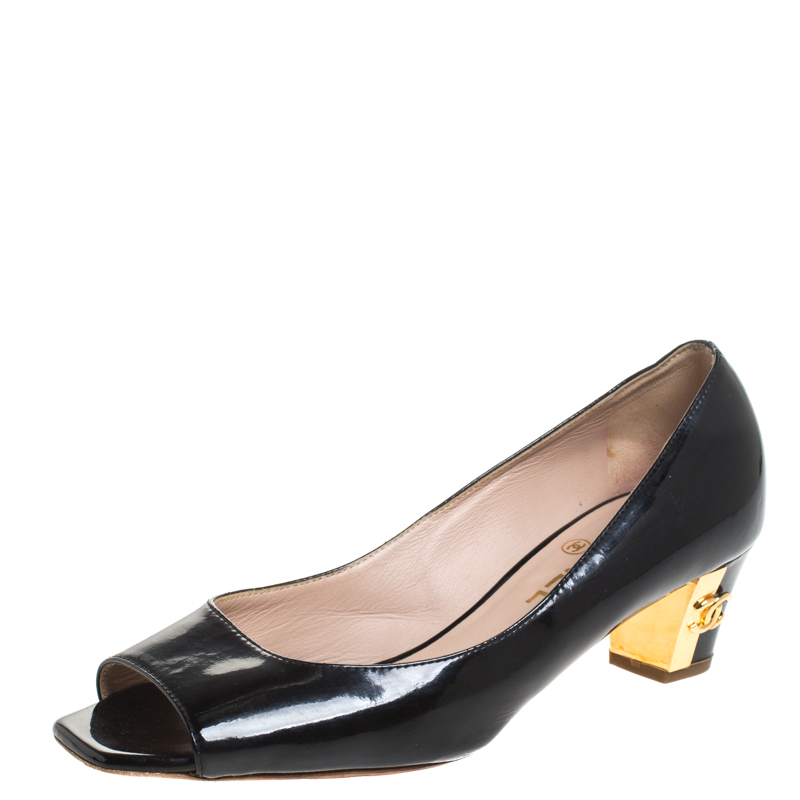 Pre Owned Chanel Black Patent Leather Peep Toe Block Heel Pumps Size 38
