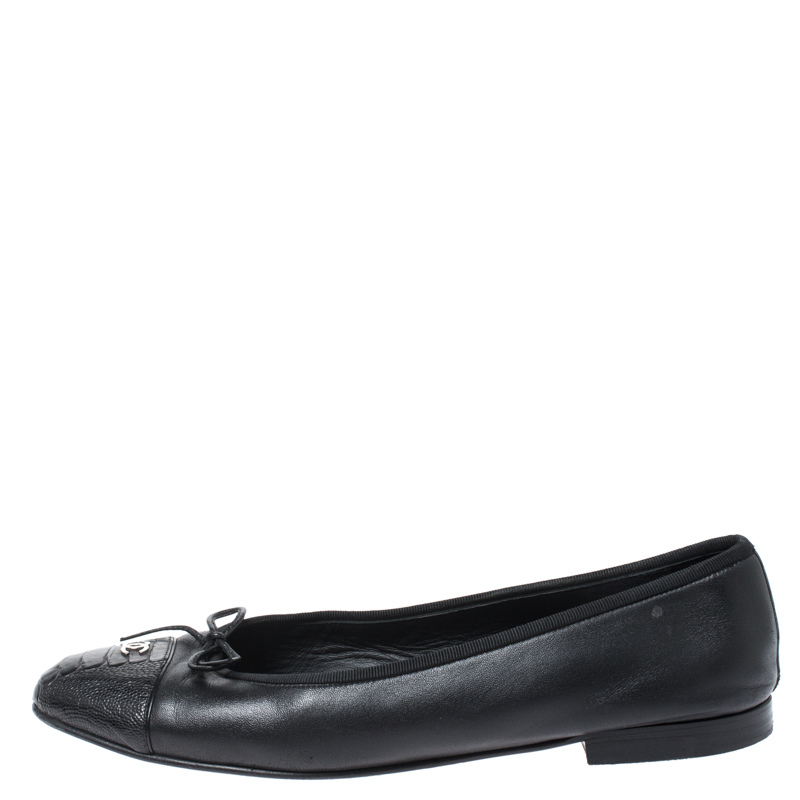 

Chanel Black Leather Bow CC Cap Toe Ballet Flats Size