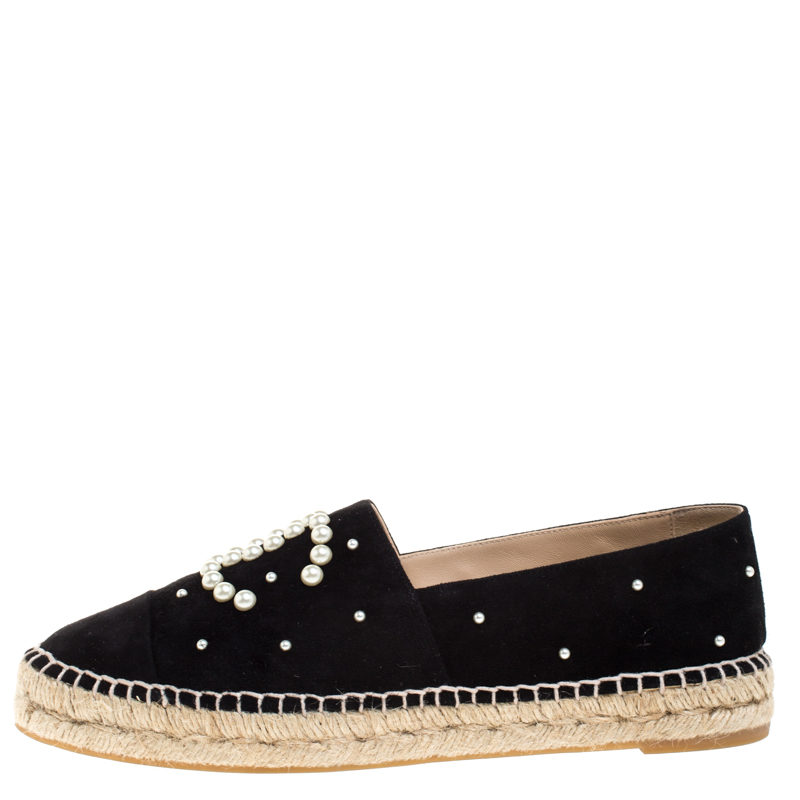 

Chanel Black Suede Leather And Faux Pearl CC Espadrille Loafers Size