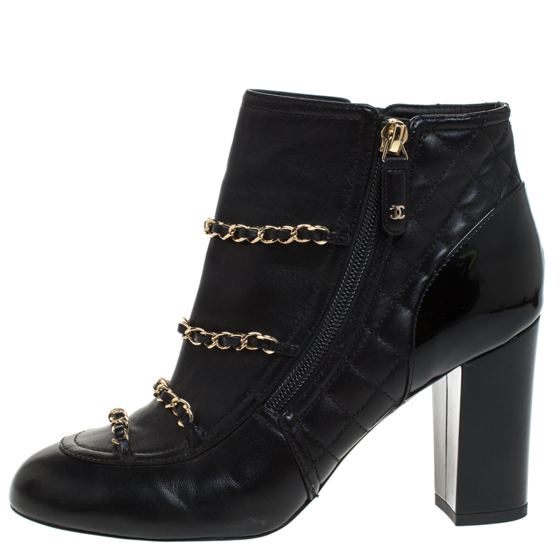 

Chanel Black Leather Chain Embellished Ankle Booties Size