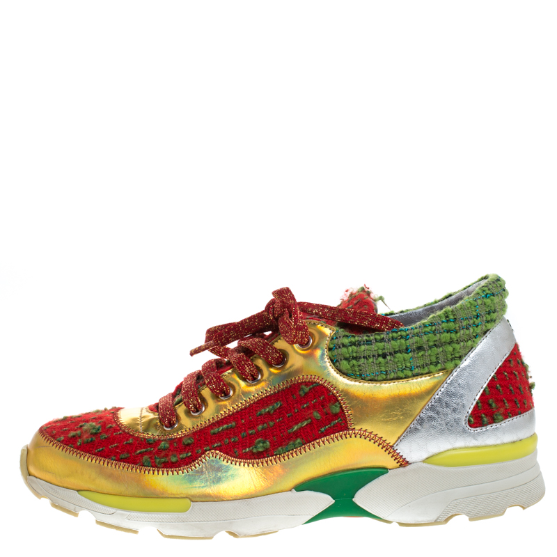 

Chanel Green/Red Tweed and Metallic Leather Lace Up Sneakers Size, Multicolor