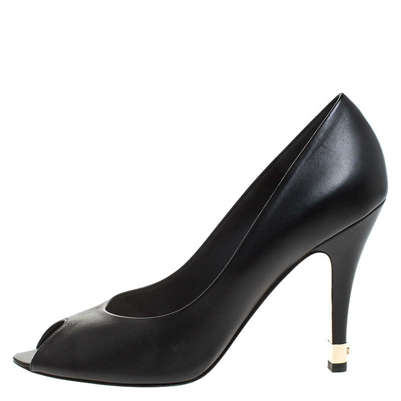 

Chanel Black Leather Peep Toe CC Heel Pumps Size