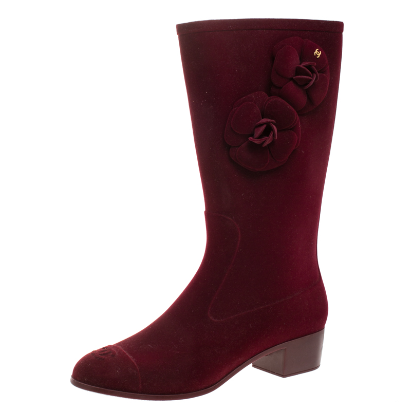 Chanel Burgundy Velvet Camellia Embellished CC Rain Boots Size 40