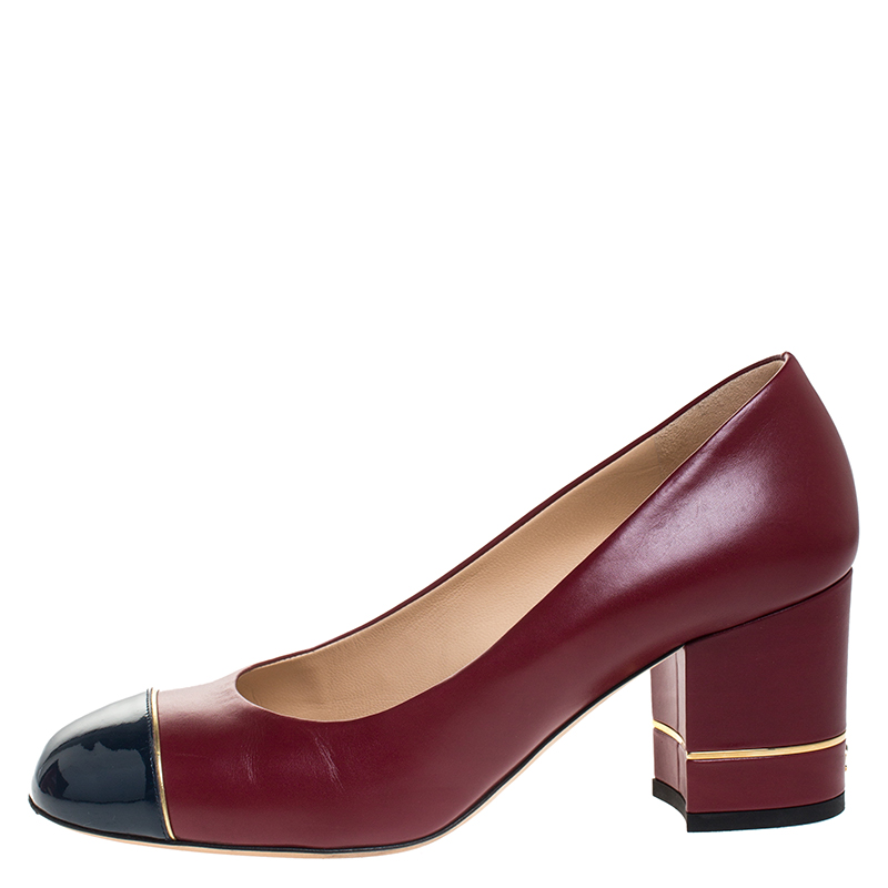 

Chanel Red/Blue Patent Leather And Leather Cap Toe Block Heel Pumps Size