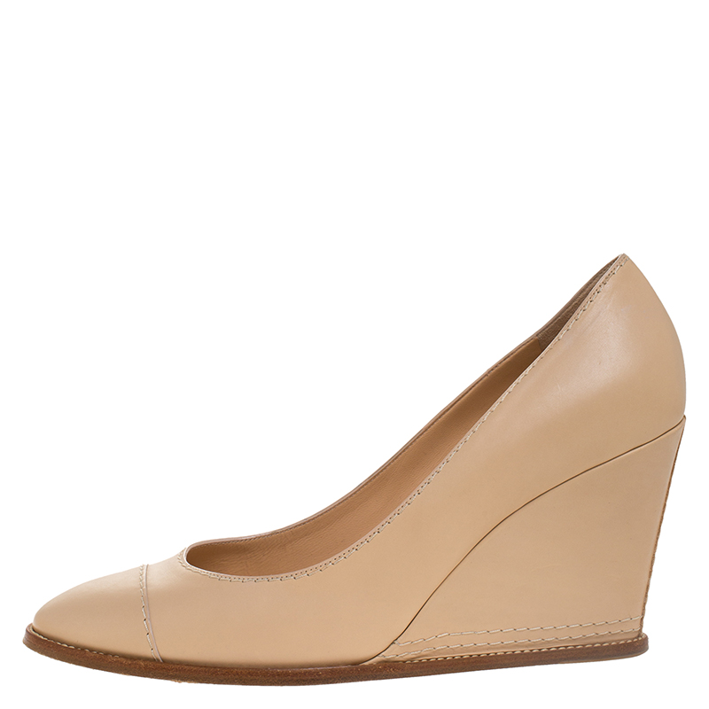 

Chanel Beige Leather Cap Toe Wedge Pumps Size